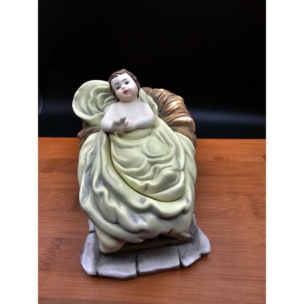 Vintage Baby Jesus Nativity Figurine Hand Painted Porcelain Manger 2 Piece Set